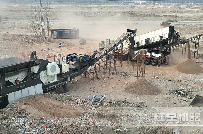 湖南時產200噸移動破碎站生產 現(xiàn)場